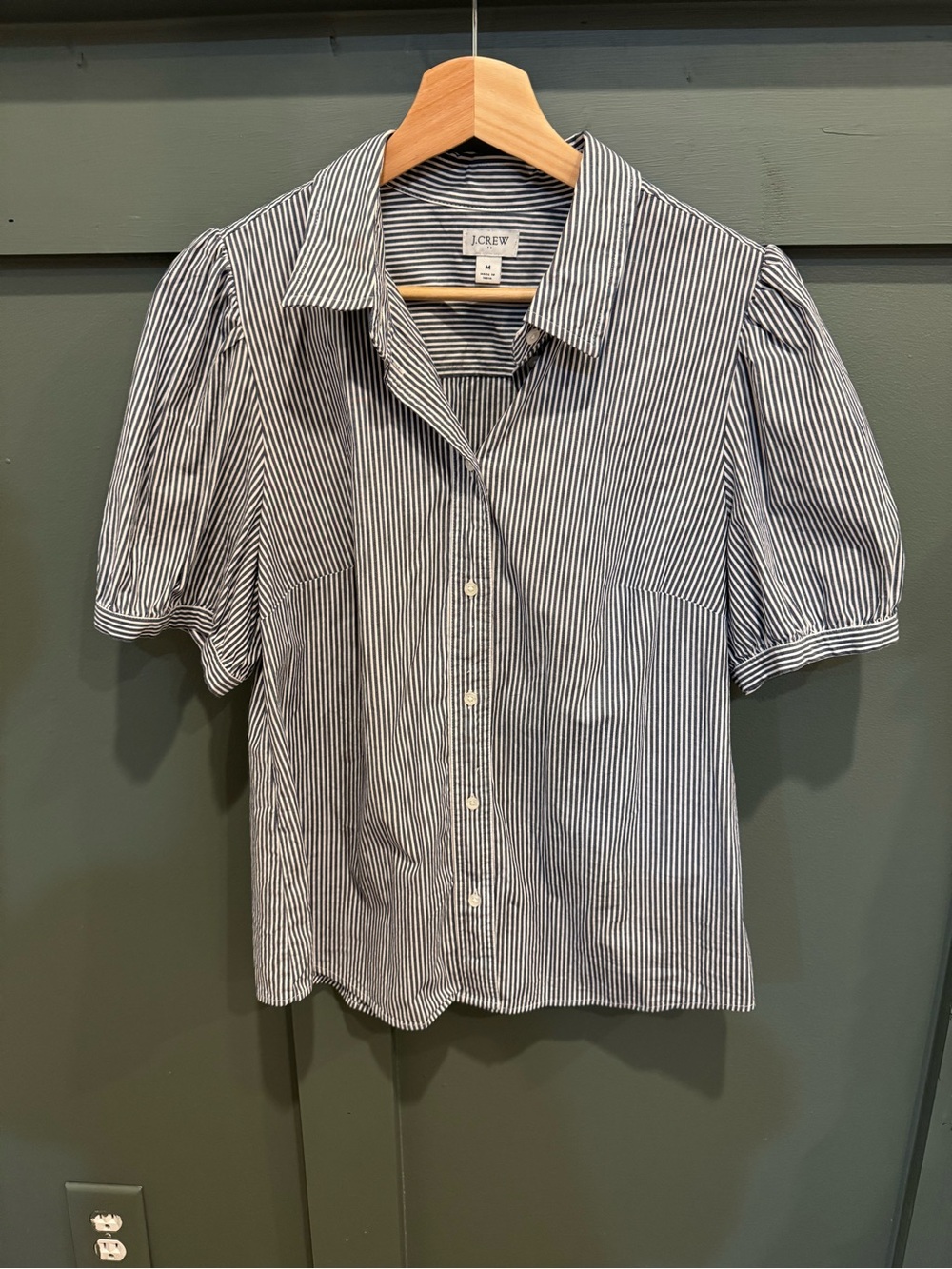 J. Crew Blue and White Striped Puff Sleeve Button-Front Blouse